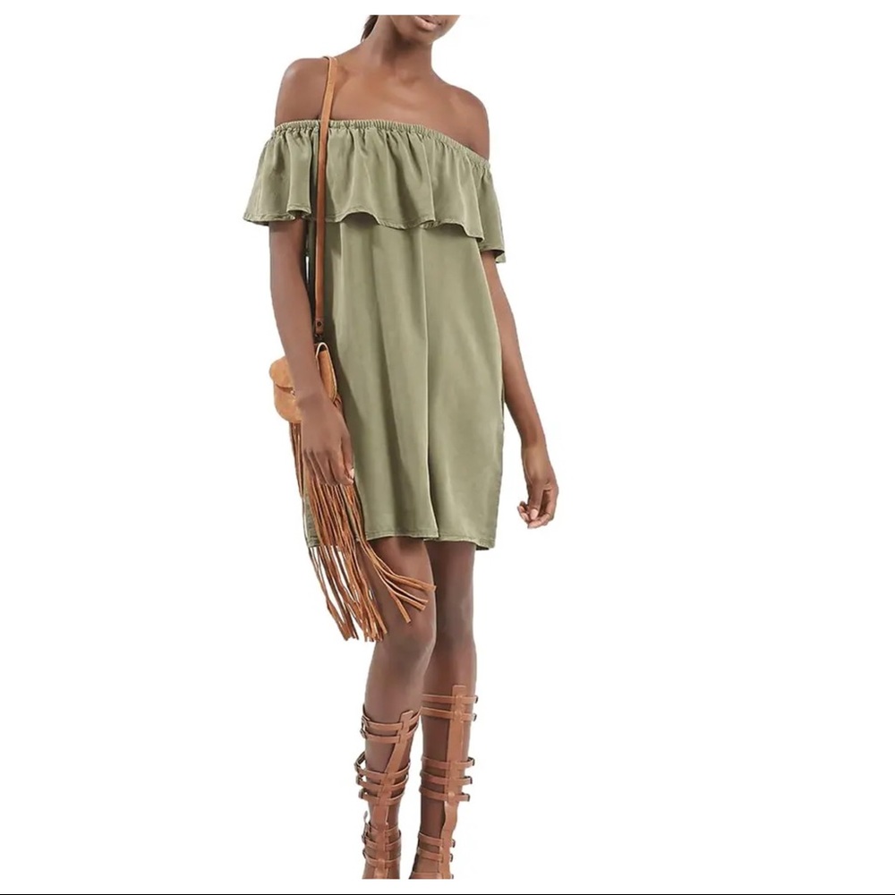 TopShop Olive Green Ruffled Off Shoulder Dress - Picture 3 of 8
